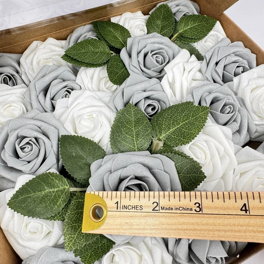 Ling's Moment 25pc Silver‎ Gray White Foam Roses 3